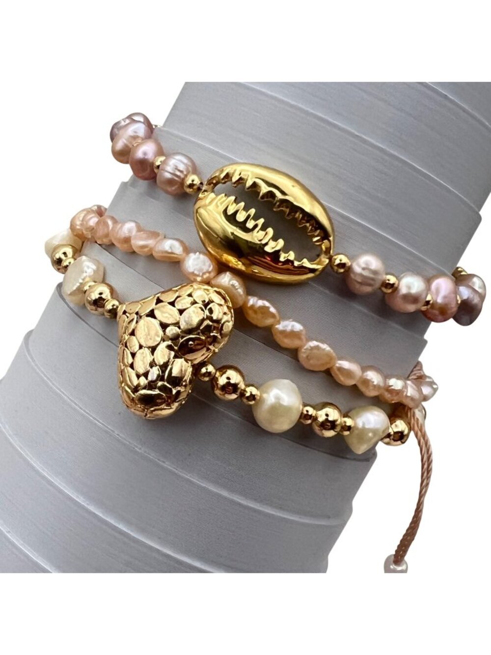 Set 3 Adjustable Bracelets Freshwater Pearls Gold Tone Pastel Pink Cowrie Heart